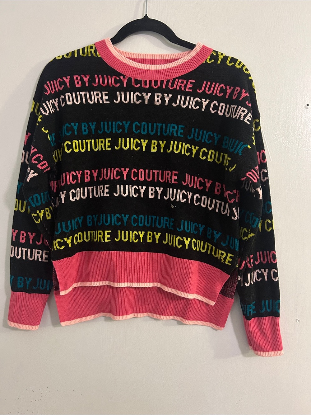 Juicy Couture Black Crewneck Sweater with Pink, Yellow & Blue Logo Stripes
